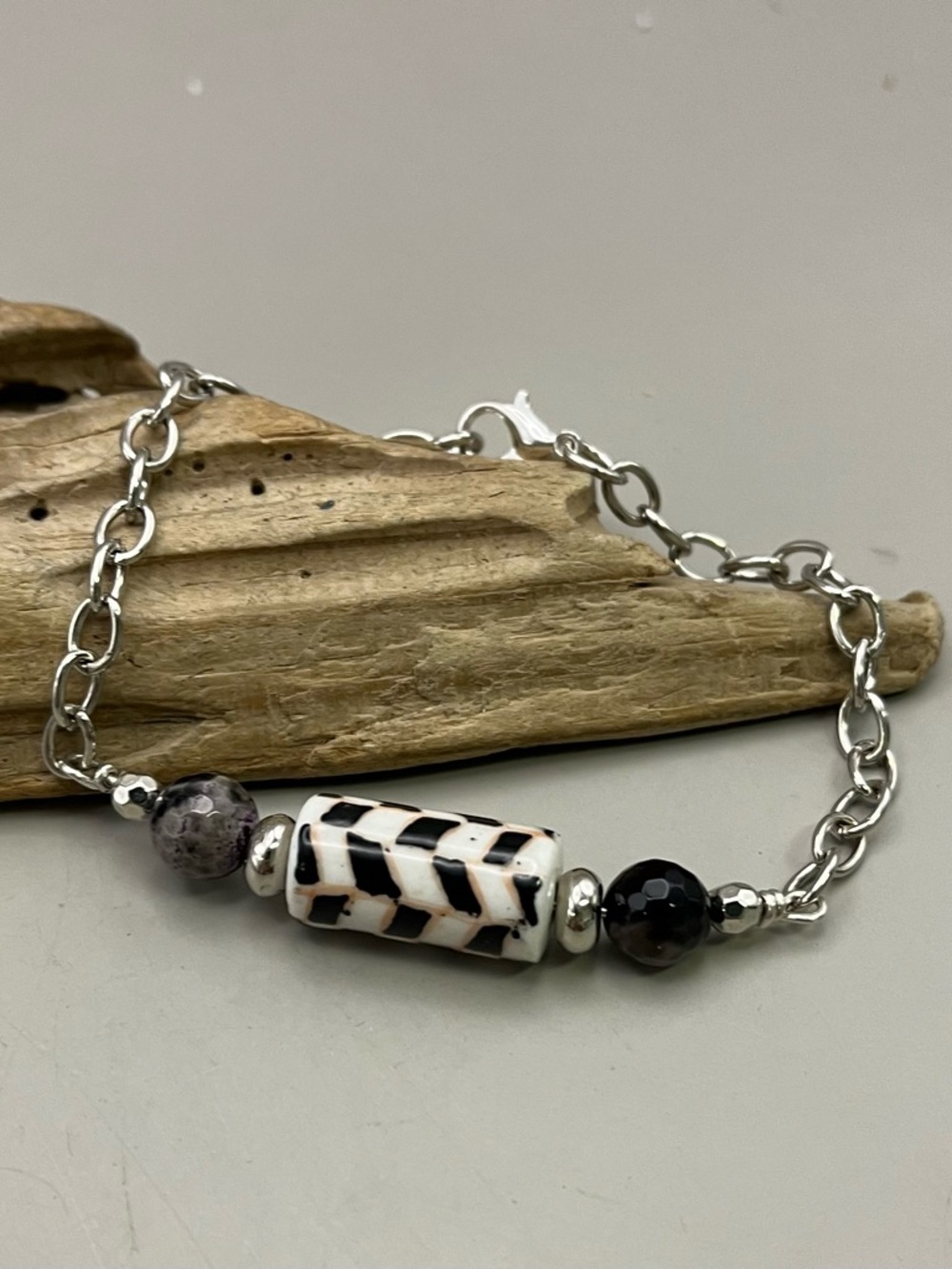 Handmade Silver Tone Chain Bracelet Black White Checkerboard Ceramic Bead Boho